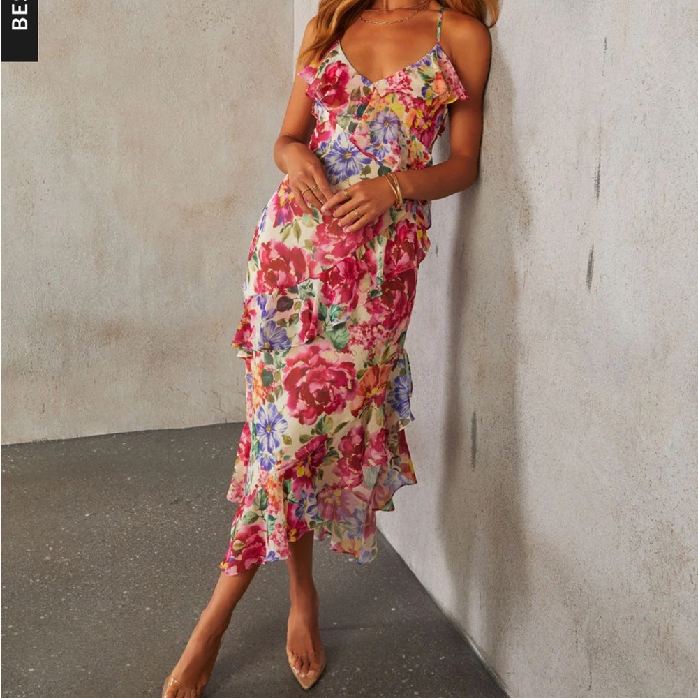 Dress Forum Asymmetric Floral Midi Dress